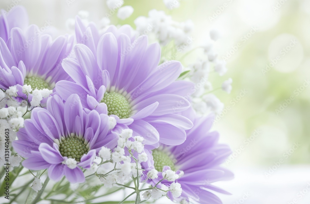 Fototapeta premium Soft Purple Flowers with Delicate White Accents in a Gentle Green Background for Natural Themes in Photography and Design
