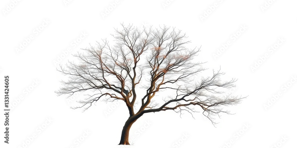 Fototapeta premium Lone deciduous tree, stark branches against pure white, photography, backdrop