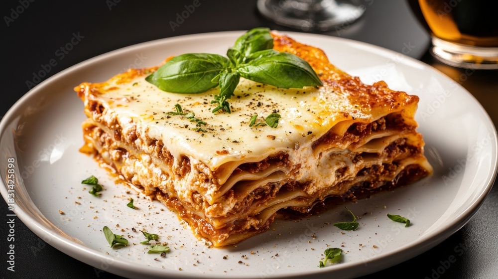 Slice of lasagna on a white plate. the lasagna is layered with layers of layers of meat and cheese, and is garnished with fresh basil leaves. Slice of lasagna on a white plate. the lasagna is layered with layers of layers of meat and cheese, and is garnished with fresh basil leaves.