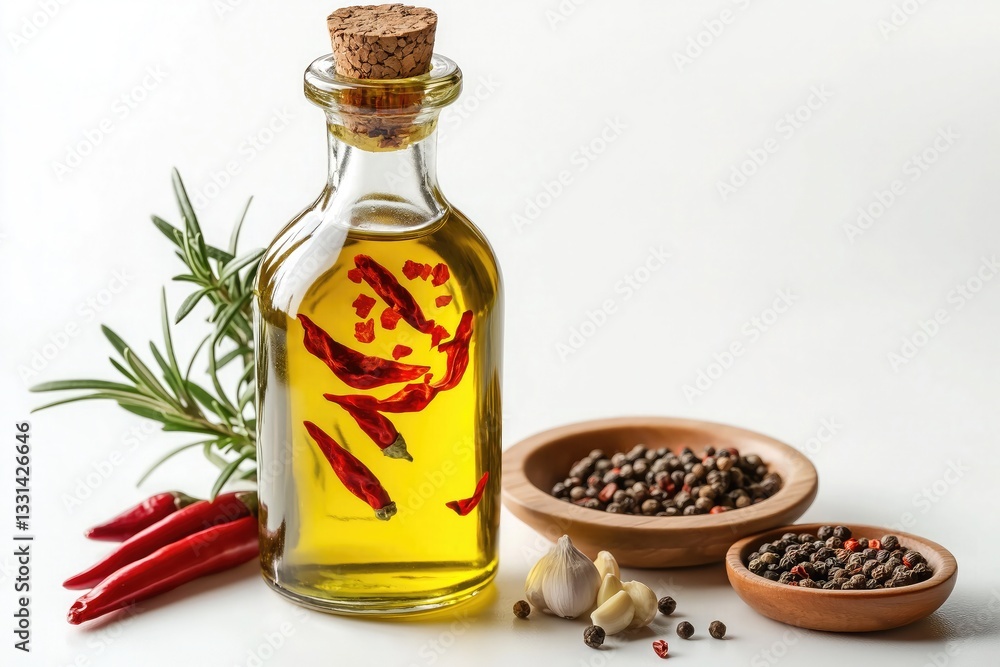 A glass bottle of infused olive oil, filled with floating red chili flakes, whole peppercorns, and sprigs of fresh rosemary, sealed with a natural cork stopper. Isolated on white background. A glass bottle of infused olive oil, filled with floating red chili flakes, whole peppercorns, and sprigs of fresh rosemary, sealed with a natural cork stopper. Isolated on white background.