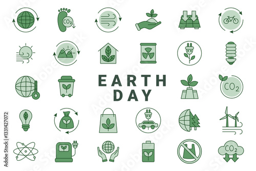 Environment icon. CO2 emission. Earth day. ECO technology. Save nature. Tree leaves and water. Electrical car. Clean globe. Sustainable energy. Green line ecological symbols. Vector garish sign set