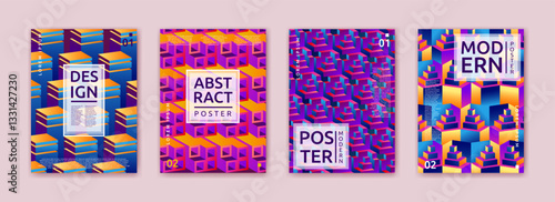 Cube gradient pattern, 3d geometric poster collection. Abstract layout vertical banner, brochure light design. Colorful minimal template, digital flyer. Vector shapes garish graphic template set