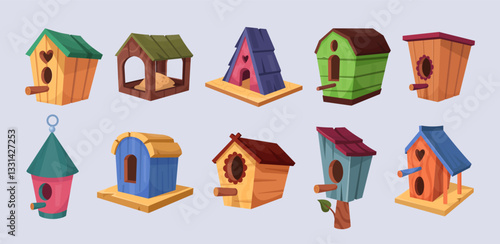 Birdhouse. Bird in house on tree cute colorful isolated decorative elements. Springtime children construction. Nature design, wooden roof with nest. Garden decor. Vector cartoon tidy illustration