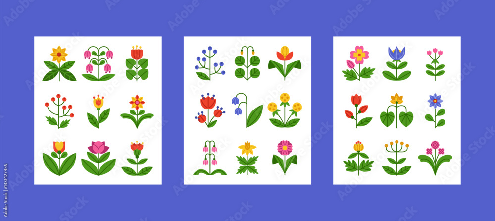 Floral Patterns. Abstract geometric flower, card design. Nature symmetrical element of spring. Summer garden cute plants. Botanical leaf, blossom branch. Vector tidy cartoon flat isolated illustration Floral Patterns. Abstract geometric flower, card design. Nature symmetrical element of spring. Summer garden cute plants. Botanical leaf, blossom branch. Vector tidy cartoon flat isolated illustration