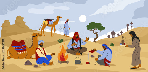 Saudi desert campfire landscape. Traditional Bedouins clothes. Summer travel. Arabic caravan camping in nature. Muslim culture on sand dunes. Camel adventure journey. Vector Arab tidy illustration