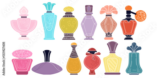 Perfume icon. Bottle fragrance. Woman s beauty aroma. Luxury natural liquid scent. Colorful cartoon design. Illustration set, fashion style. Vector cartoon flat style isolated illustration collection