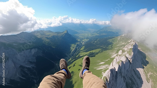 A mesmerizing first-person GoPro shot of a paraglider soaring over a scenic mountain landscape