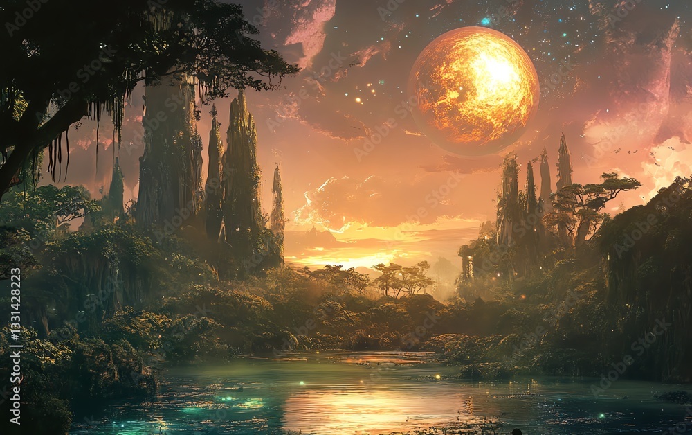 Naklejka premium Ethereal fantasy landscape with a fiery planet, gothic castles, lush vegetation, and a tranquil lake. Perfect for fantasy art, game design, or sci-fi projects.