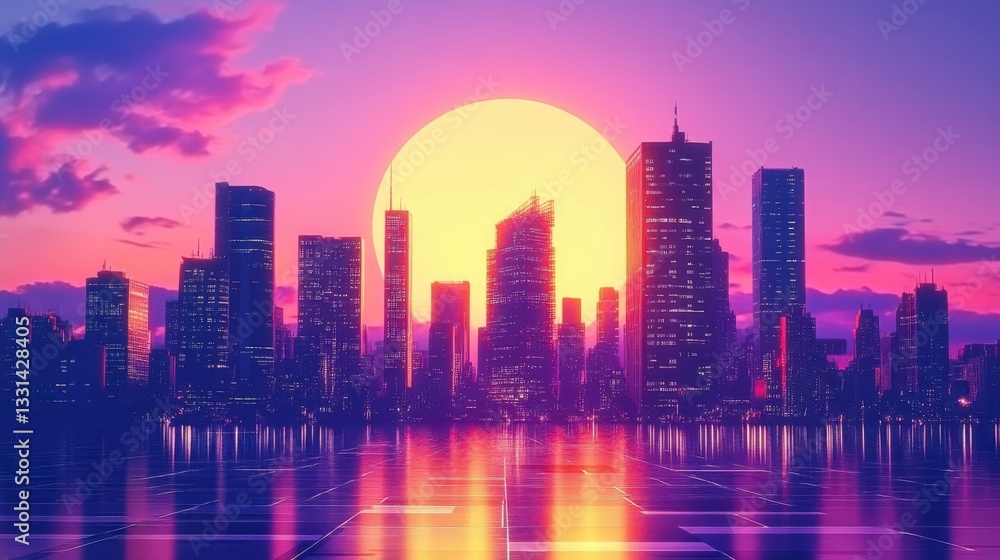 Retro background landscape 1980s style. Retro 80s sci-fi background city landscape. Futuristic background retro wave. Retro futuristic synth wave retro wave 80s styled night cityscape with a big sunse Retro background landscape 1980s style. Retro 80s sci-fi background city landscape. Futuristic background retro wave. Retro futuristic synth wave retro wave 80s styled night cityscape with a big sunse