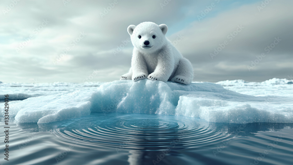 Naklejka premium A powerful 3D concept showing a tiny polar bear sitting on a melting iceberg, emphasizing global warming and climate change