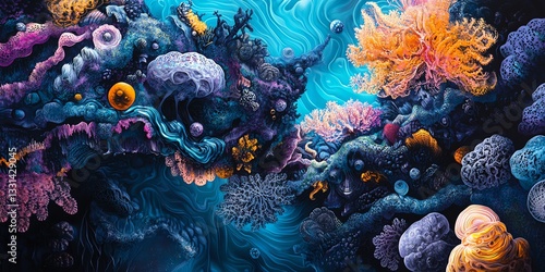 Fotografi Vibrant underwater scene with surreal coral formations, jellyfish, and bioluminescent elements