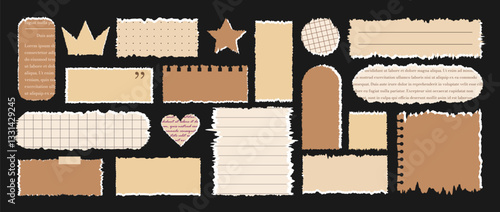 Set of Jagged Rectangle shapes. Retro Tattered frame or text box with jagged edges. Textured grunge element bundle for collage, banner, sticker. Vintage Vector illustration on black background.