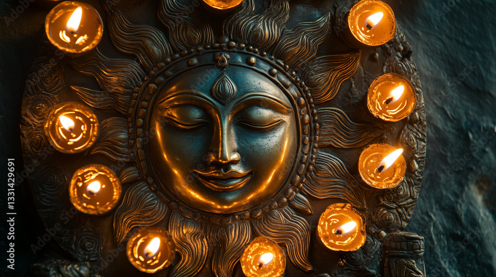 Fototapeta premium Bronze sun face with glowing diyas, symbolizing warmth, prosperity, and spiritual light during Sinhala New Year celebrations. 