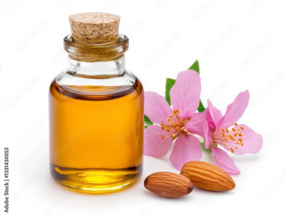 Amber colored almond oil in a glass bottle with a cork stopper, accompanied by delicate pink almond blossoms and almonds. White background. Amber colored almond oil in a glass bottle with a cork stopper, accompanied by delicate pink almond blossoms and almonds. White background.