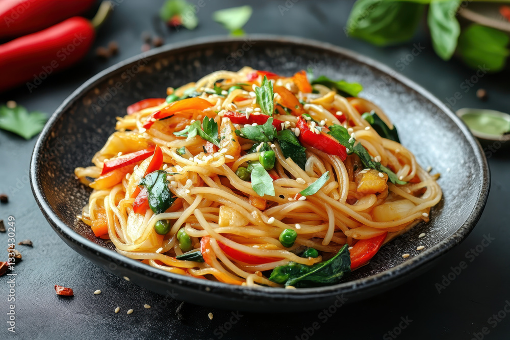 Bowl of noodles with colorful veggies and fresh herbs. Bowl of noodles with colorful veggies and fresh herbs.