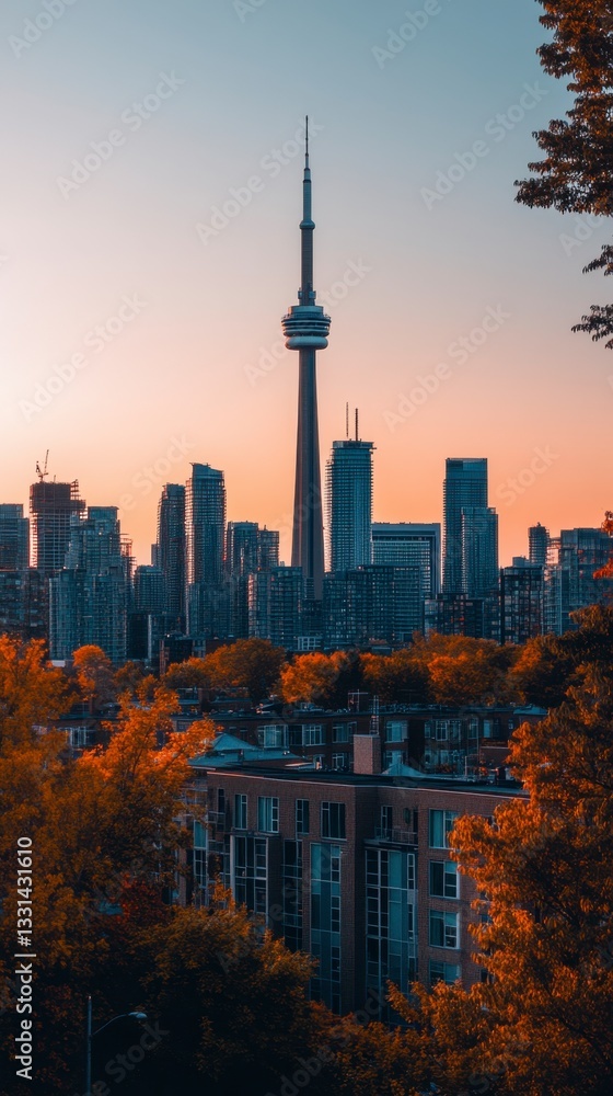 Obraz premium City skyline at sunset, viewed through autumn trees. Tall communication tower dominates the scene. Warm, orange and dusky blue tones. Residential buildings in the foreground.
