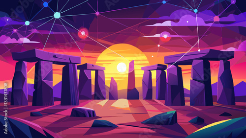 Ancient Wonder, Modern Connection Stonehenge Illuminated by Digital Network at Sunset