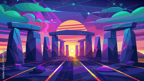 Ancient Wonder, Modern Connection Stonehenge Illuminated by Digital Network at Sunset