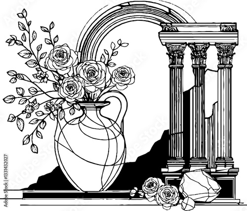 ancient greek temple ruins line art for various design