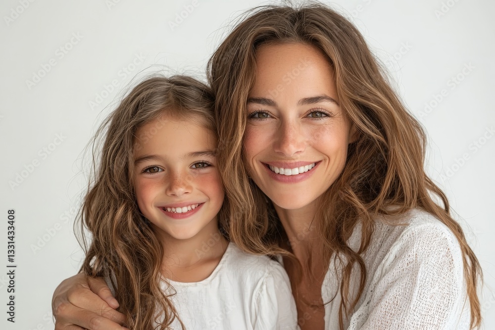 studio portrait of a happy mom and her young daughter wearing similar clothes studio portrait of a happy mom and her young daughter wearing similar clothes