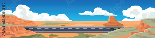 Horizontal or flat asphalt road. vast land area with hills and mountains on both sides. Mountain ranges and blue sky with white clouds.