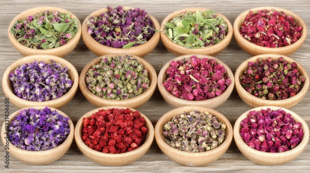 Assortment of Dried Purple and Red Herbs in Small Wooden Bowls on Rustic Wooden Background Assortment of Dried Purple and Red Herbs in Small Wooden Bowls on Rustic Wooden Background