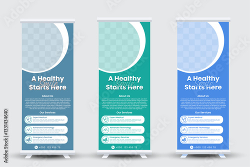 Professional health care and medical roll up design, standee and banner template