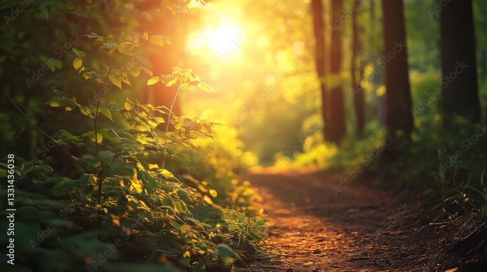 Obraz premium A path through the forest leading towards the setting sun.