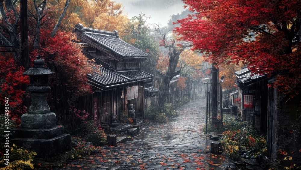 Serene Autumn Pathway in a Historic Village Surrounded by Vibrant Fall Foliage and Tranquil Atmosphere Serene Autumn Pathway in a Historic Village Surrounded by Vibrant Fall Foliage and Tranquil Atmosphere