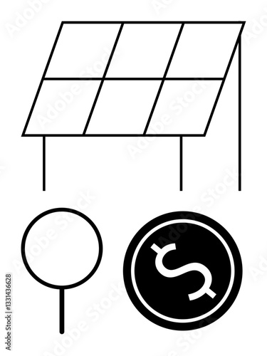 Solar panel standing upright, magnifying glass symbolizing analysis, and dollar coin representing financial savings. Ideal for sustainability, renewable energy, cost efficiency, investment