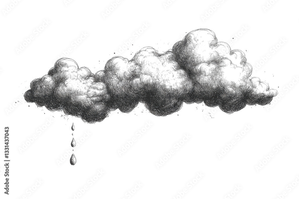 Obraz premium Artistic depiction of a rain cloud with falling droplets in monochrome style