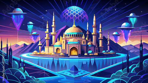 Istanbul s Modern Glow Majestic Blue Mosque Merges with Futuristic Digital Network, Turkey