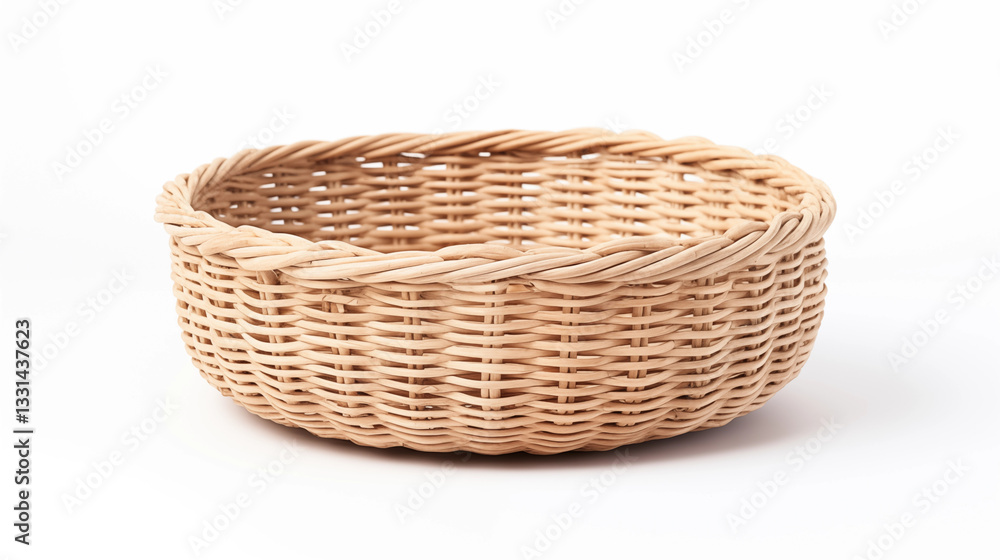 Round Wicker Basket Woven Texture Empty Container Light Brown Studio Shot Round Wicker Basket Woven Texture Empty Container Light Brown Studio Shot