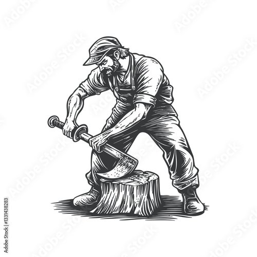 Craftsman Carving Wood with Hand Tools in Vintage Black and White Style