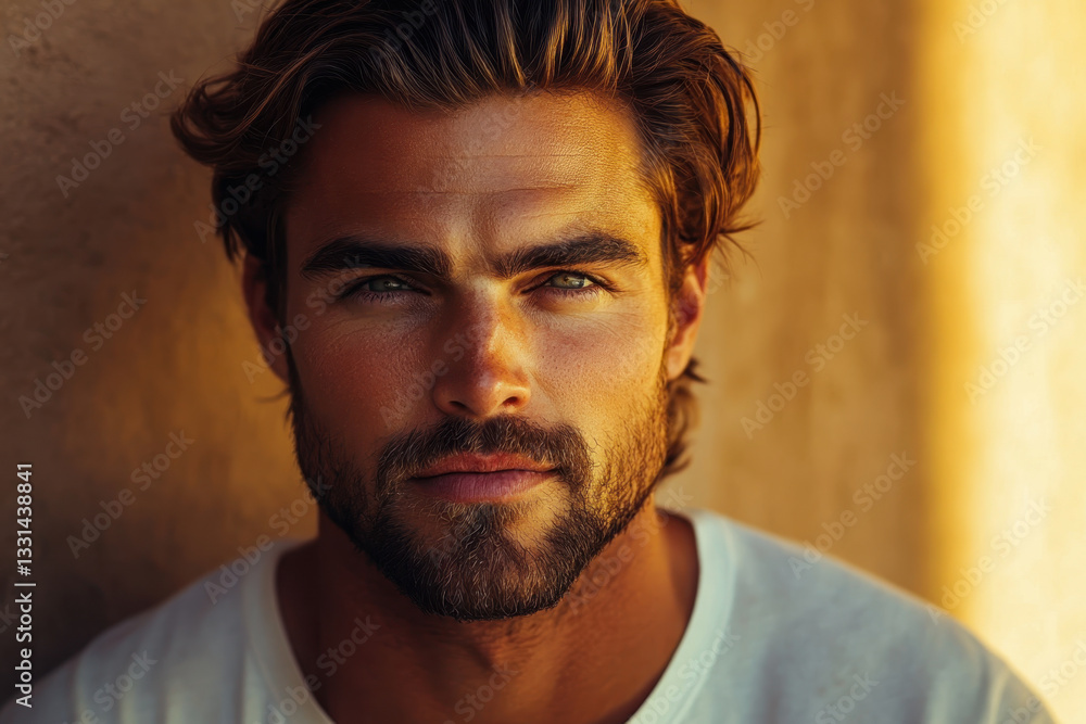 Man with long hair and beard, wearing sunglasses, stands on a rocky cliff overlooking the ocean at sunset. Man with long hair and beard, wearing sunglasses, stands on a rocky cliff overlooking the ocean at sunset.