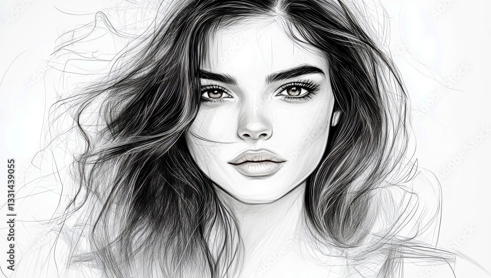 Naklejka premium Stunning Artistic Sketch of a Young Woman with Flowing Hair in a Minimalist Black and White Style, Capturing Intricate Beauty and Elegance