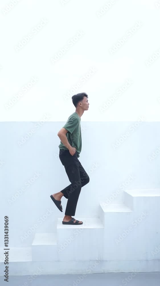 Man ascending minimalist white stairs towards bright opportunity Man ascending minimalist white stairs towards bright opportunity