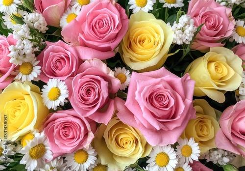Vibrant Arrangement of Pink and Yellow Roses Surrounded by Daisies in Bright and Cheerful Floral Composition for Celebrations and Events
