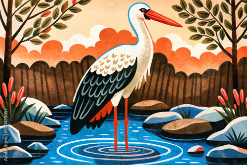 stork in rocky lake abstract cartoon