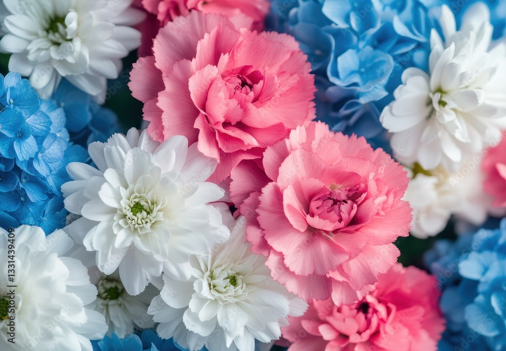 Vibrant Arrangement of Pink, Blue, and White Flowers in a Colorful Floral Display with Soft Petals and Delicate Textures for Nature Lovers