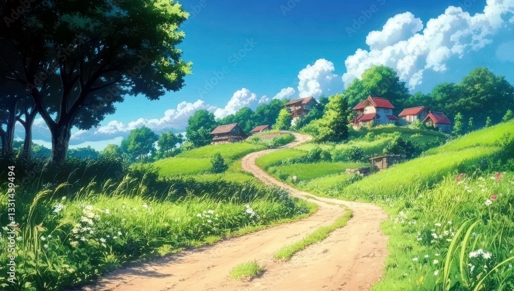 Scenic Rural Pathway with Lush Greenery, Breathtaking Sky and Charming Countryside Homes in a Vibrant Landscape under Bright Clouds Scenic Rural Pathway with Lush Greenery, Breathtaking Sky and Charming Countryside Homes in a Vibrant Landscape under Bright Clouds