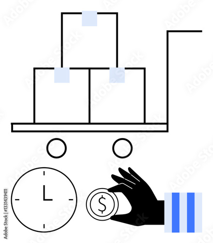 Cart stacked with boxes, clock, hand holding coin to depict shipping, efficiency, and budget control. Ideal for logistics, time management, cost analysis, e-commerce supply chain delivery flat