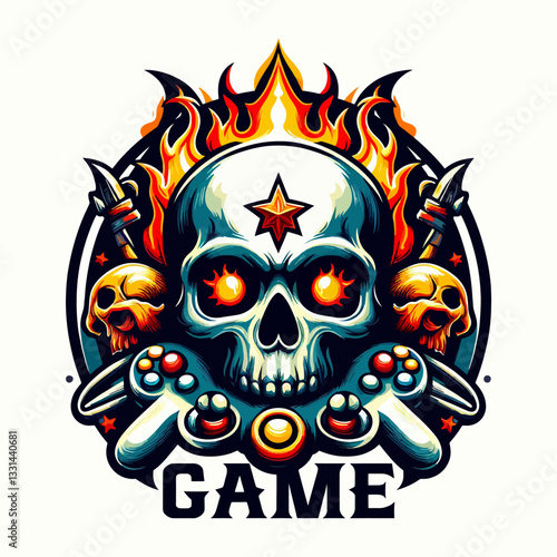 Vektor-Logo eines farbenfrohen Schädels für E-Gaming im Maskottchen-Stil auf transparentem, isoliertem Clipart-Hintergrund im Vektorformat, ideal für Branding und Gaming-Communities.