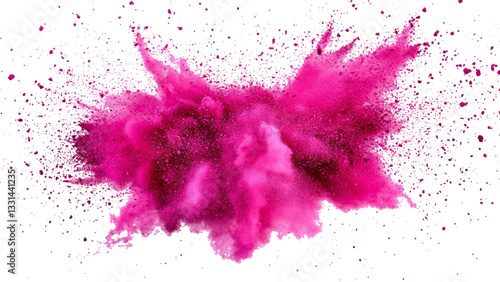Pink powder explosion isolated on white background. Colorful dust explode. Paint Holi. colorful vibrant rainbow Holi paint color powder explosion with bright colors isolated white background.	
