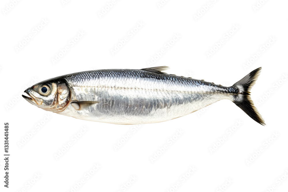 Fresh sardine fish with detailed scales and fins isolated on white transparent background, symbolizing canned seafood Fresh sardine fish with detailed scales and fins isolated on white transparent background, symbolizing canned seafood