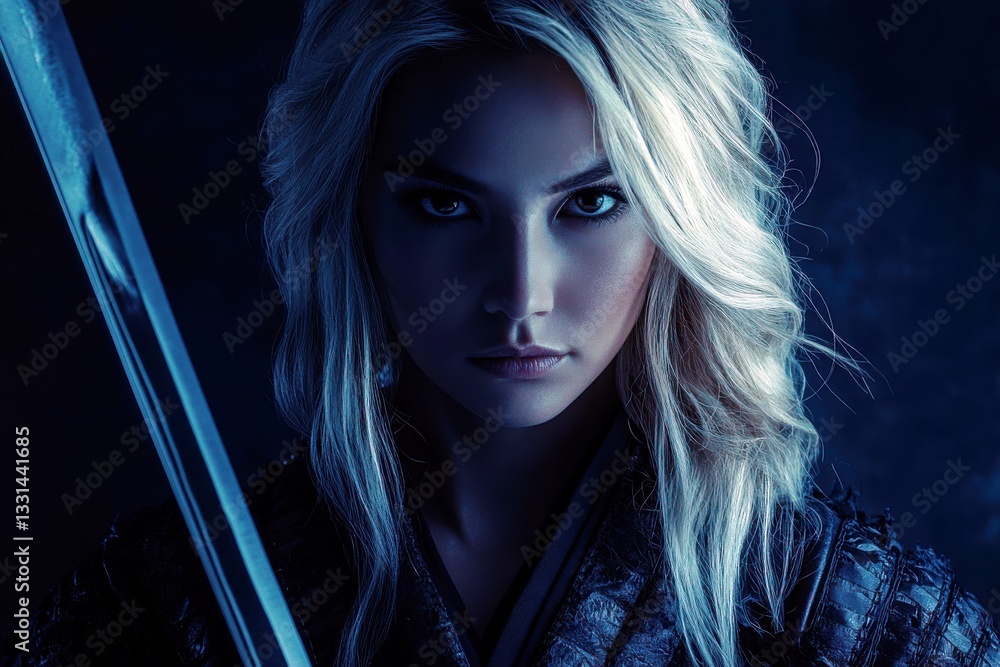 Intense Warrior Portrait with Sword, Dark Background, and Striking Light, Capturing the Essence of Strength and Determination in a Powerful Female Warrior Intense Warrior Portrait with Sword, Dark Background, and Striking Light, Capturing the Essence of Strength and Determination in a Powerful Female Warrior