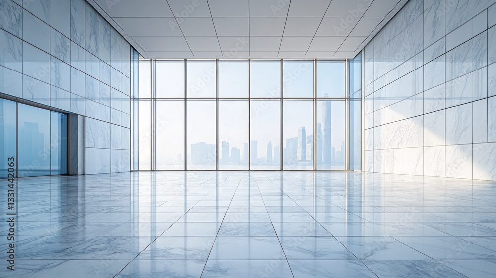 A spacious marble square is illuminated by soft morning light, showcasing sleek glass walls that offer a stunning view of the city skyline, enhancing the serene atmosphere A spacious marble square is illuminated by soft morning light, showcasing sleek glass walls that offer a stunning view of the city skyline, enhancing the serene atmosphere