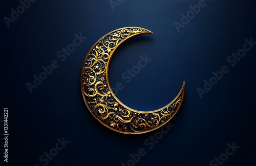 Golden Crescent Moon with Intricate Swirls on Deep Blue Background