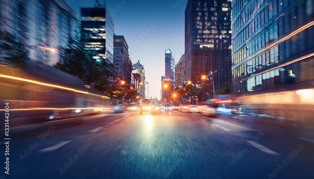 Naklejka premium Blurred city street with soft glowing lights, capturing the urban night atmosphere.