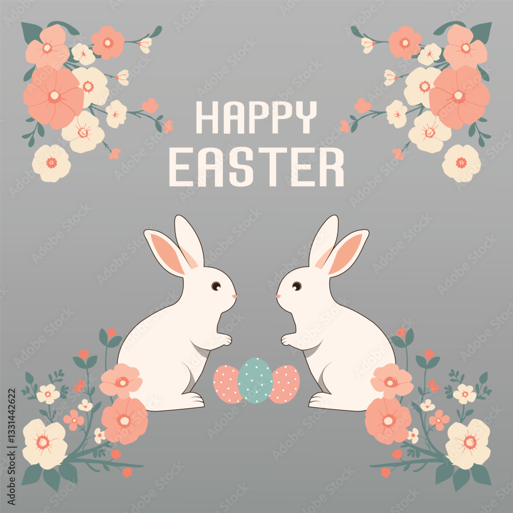 Fototapeta premium Happy easter card with decorative eggs, cute bunnies vector illustration